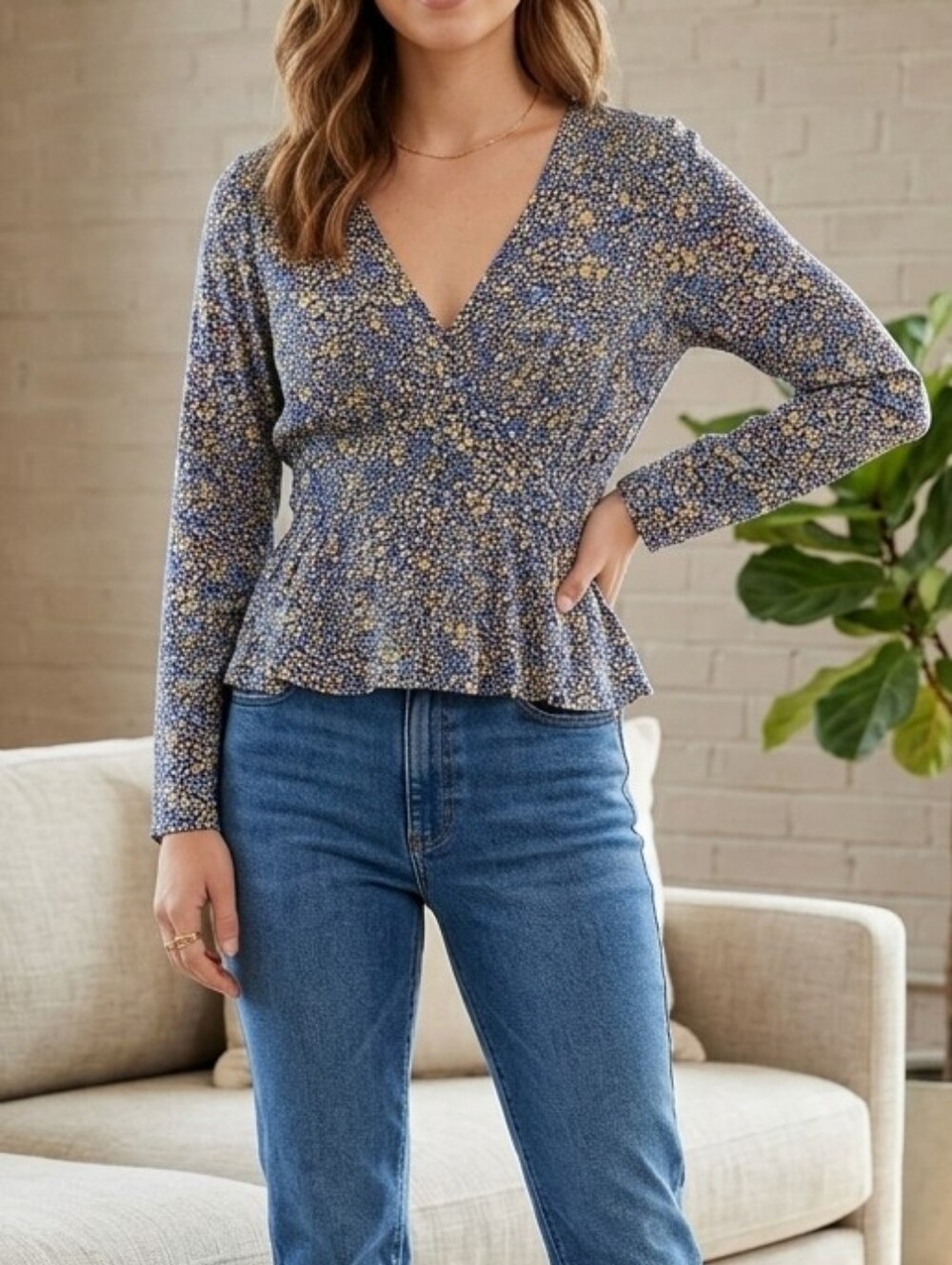 Leith Floral Blue V-Neck Peplum Long-Sleeve Top, Size Small